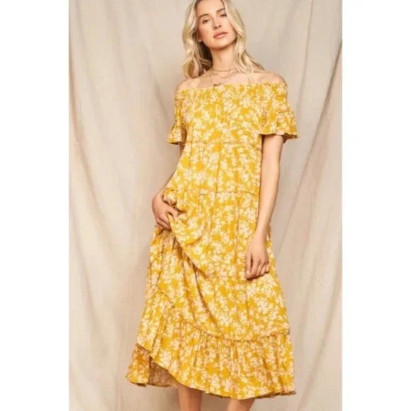 Moss Yellow Floral Flowly Bohemian Tiered Off The Shoulder Casual Maxi Dress - Picture 2 of 6